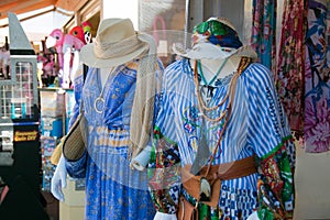 Gipsy style clothing on sale outside a shop in saintes marie de la Mer, France.