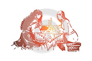 Gipsy woman, fortune teller and client, fate prediction, future forecast, visit to soothsayer