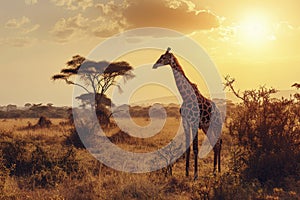 Giraffe in the African savanna against the background of the orange sunset
