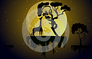 Giraffe against the backdrop of a large moon reaches for the foliage