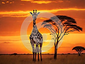 A giraffe against a vibrant orange sky on the African plains at dusk