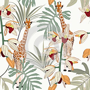 Giraffe animal with tropical green leaves and orchid flowers. Cartoon exotic seamless illustration repeating pattern.