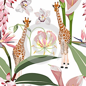 Giraffe animal with tropical green leaves and orchid flowers. Cartoon exotic seamless illustration repeating pattern