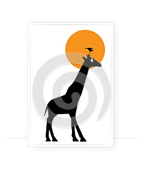 Giraffe and bird cartoon illustration isolated on white background, vector. Giraffe and bird silhouette on sunset