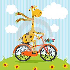 Giraffe and bird riding on bicycle