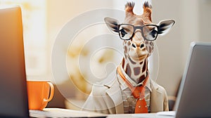 a giraffe a business suit and tie on a yellow background