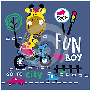 Giraffe and bycycle on the road funny animal cartoon,vector illustration photo