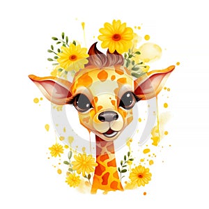 Giraffe Calf with Yellow Flowers