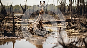 Giraffe Resting In Water: A Captivating 8k Resolution Photograph photo