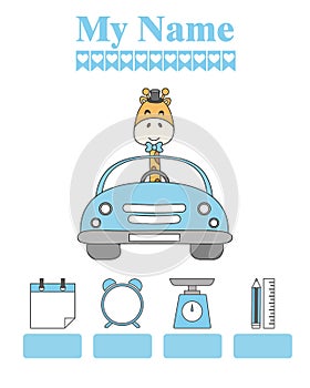 Giraffe in car. Baby birth print. Baby data template at birth.