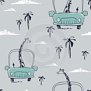 Giraffe on car funny cool summer t-shirt seamless pattern. Road trip vacation print design. Beach travel