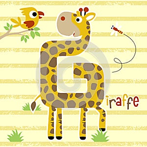 Giraffe cartoon shaped letter G with bird and dragonfly on striped background