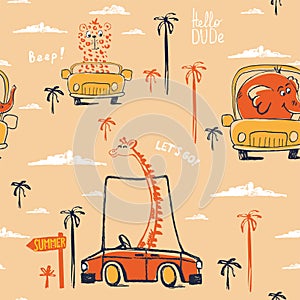 Giraffe cheetah elephant car funny cool summer t-shirt seamless pattern. Road trip vacation