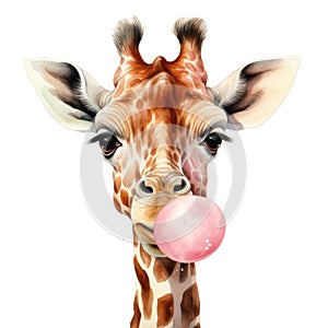 Giraffe with chewing gum isolated on white background. Watercolor cartoon illustration