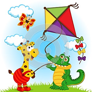 Giraffe and crocodile launching a kite