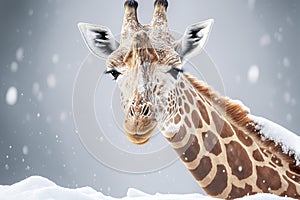 Giraffe in deep snow, only head and neck out of snow. Generative AI