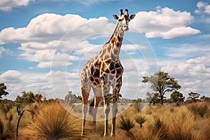 Giraffe among desert plants in front of savannah landscape. Girrafe in savannah, walking along south africa national park on a