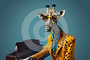 a giraffe dressed as a jazzman playing piano, created with Generative AI technology