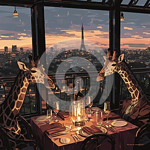 Giraffe Duo Dining High Above Cityscape