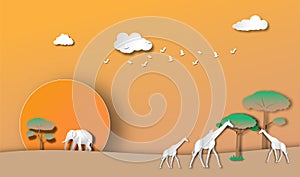 Giraffe and elephant  in evening forest of paper art style,vector or illustration with travel concept