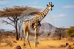 A giraffe in the Etosha National Park, Namibia, A large giraffe in a Ruaha National Park, AI Generated