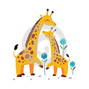 Giraffe family. Cute mom camelopard with her baby cartoon vector illustration photo