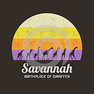 Giraffe family silhouette. Animal herd in savannah. Retro t-shirt