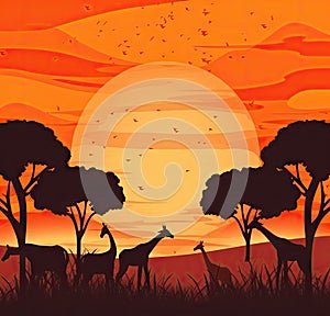 Giraffe family on sunset. Silhouette of African safari scene with animals , birds, treeson nature background