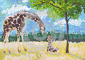 Giraffe female with a cub in the savanna. Children`s drawing