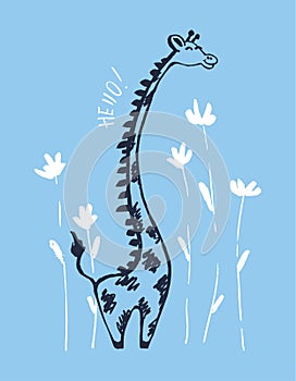 Giraffe and flower cool summer t-shirt print. African animal with slogan. Hellow. Camelopard floral funny child wear photo