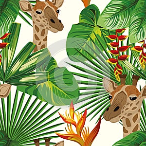 Giraffe flowers leaves seamless pattern white background