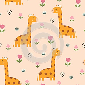 Giraffe with flowers Seamless pattern cute cartoon animal background hand drawn in kid style The design