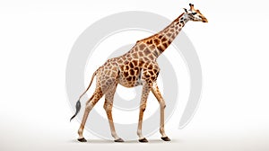 A giraffe full body against a bright white background