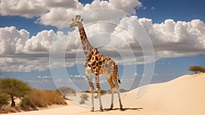 Giraffe (Giraffa camelopardalis) walking on a sand dune with clouds, South Africa