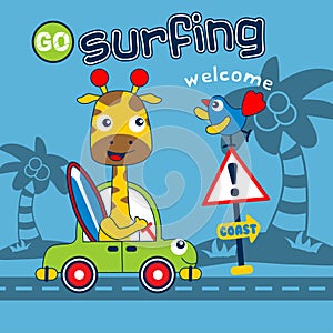 Giraffe go to surfing funny animal cartoon,vector illustration