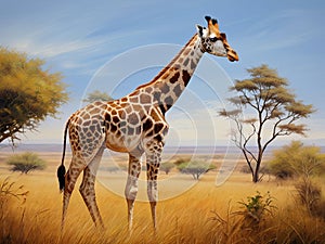 Giraffe Grace: Majestic Savanna Portrait in Natural Habitat Painting.