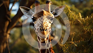 Giraffe grazing in the African savannah, standing tall and majestic generated by AI