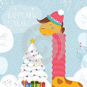 Giraffe in Hat and Scarf Decorated Christmas Tree