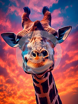 Giraffe head in front of a colorful sky with clouds.