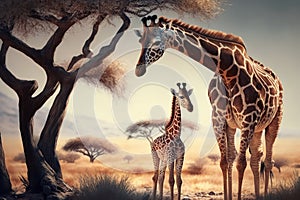 Giraffe with her calf in the African savannah. Created with generative AI technology