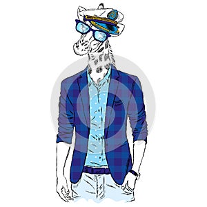 Giraffe - hipster in a jacket and sunglasses. Vector illustration.