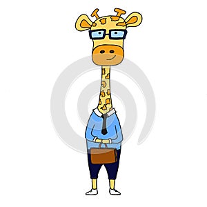 Giraffe hipster style isolated vector character on white background. Giraffe with glasses, in shirt and trouses with tie