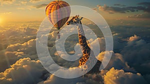 Giraffe and Hot Air Balloon in the Sky