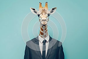 Giraffe with a human body in a business suit on a turquoise background