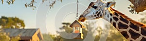 a giraffe licking a bird feeder