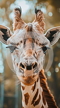 A giraffe with a long neck and brown spots is staring at the camera