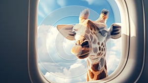 Giraffe looking airplane window