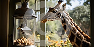 a giraffe looking at a bird feeder