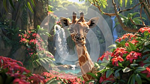 Giraffe in a lush jungle with waterfall - generative ai