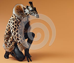 Giraffe in luxury wealthy fancy chic luxurious impeccable fur leather fabrics outfits isolated on bright background
